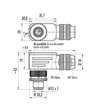 Výkres v měřítku M12 Úhlová zástrčka, : 8, 6,0-8,0 mm, stínitelné, šroubovací svorka, IP67, UL 2238, s ochranným kroužkem