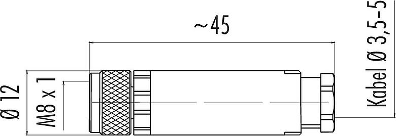 Maßzeichnung M8 Kabeldose, Polzahl: 3, 3,5-5,0 mm, ungeschirmt, schraubklemm, IP67, UL 2238