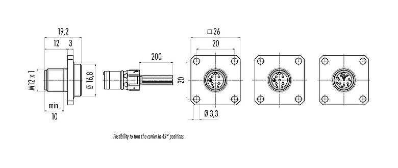 Disegno in scala M12 Connettore quadrato maschio per montaggio a pannello, Numero poli: 8, non schermato, fili singoli, IP69k, IP68, IP67, UL 2238, M3 (4x), Montaggio anteriore, Alloggiamento quadrato 26 mm, Allineamento di codifica posizionabile