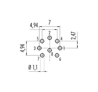 Conductor layout M16 Male panel mount connector, Contacts: 8 (08-a), unshielded, THT, IP40, M18x0,75, Rear mounting