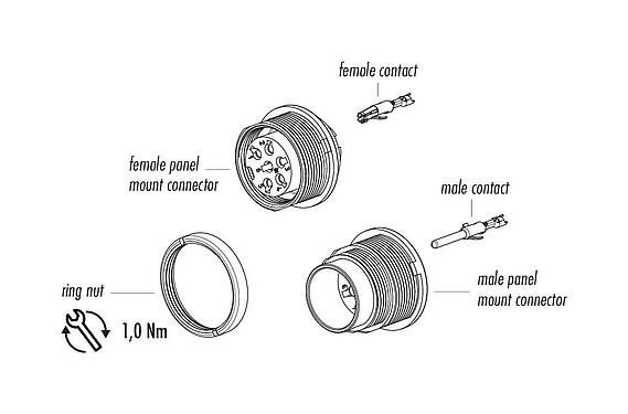 Component part drawing M16 Female panel mount connector, Contacts: 8 (08-a), unshielded, crimping (Crimp contacts must be ordered separately), IP40, M18x0,75, Rear mounting