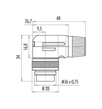 Dessin coté M16 Connecteur mâle coudé, Contacts: 2 (02-a), 4,0-6,0 mm, blindable, souder, IP40
