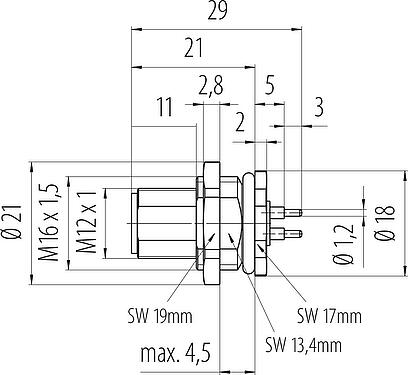 比例图 M12 针头法兰座, 极数: 4, 非屏蔽, THT, IP68, UL 2238, M16x1.5, 後壁安裝, 模压成型