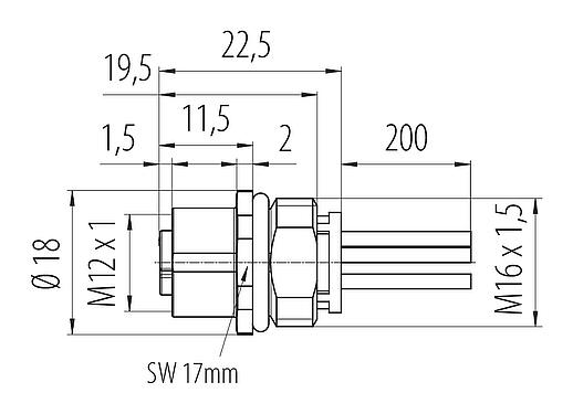 比例图 M12 孔头法兰座, 极数: 4, 非屏蔽, 带导线, IP68, UL 2238, M16x1.5, 板前安装