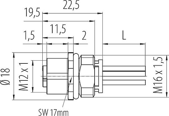 Schaaltekening M12 Female panel mount connector, aantal polen: 5, onafgeschermd, draden, IP68, UL 2238, M16x1,5, Frontaansluiting