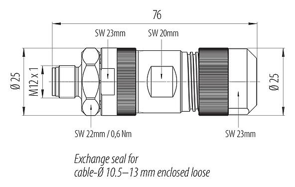 Dessin coté M12 Connecteur mâle, Contacts: 5, 8,0-13,0 mm, non blindé, pince à visser, IP67, M12x1,0, Acier inoxydable