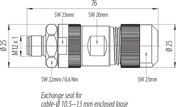 Disegno in scala M12 Connettore cavo maschio, Numero poli: 5, 8,0-13,0 mm, non schermato, morsetto a vite, IP67, M12x1,0, Acciaio inox