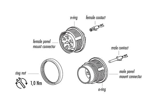Component part drawing M16 Female panel mount connector, Contacts: 6 (06-a), unshielded, crimping (Crimp contacts must be ordered separately), IP67, UL 2238, M18x0,75, Rear mounting