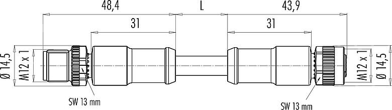 Maßzeichnung M12 Kabelstecker - Kabeldose, Polzahl: 5, geschirmt, am Kabel angespritzt, IP68, UL 2238, CAN-Bus, PUR, violett, 1 x 2 x AWG 22 + 1 x 2 x AWG 24, 2 m