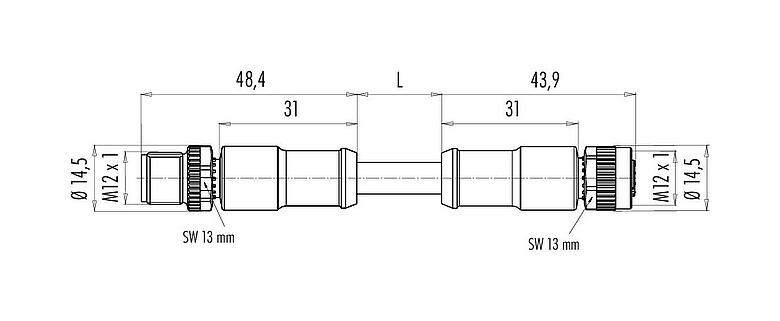 Scale drawing M12 Male cable connector - female cable connector, Contacts: 5, shielded, moulded on the cable, IP68, UL 2238, CAN-Bus, PUR, violet, 1 x 2 x AWG 22 + 1 x 2 x AWG 24, 2 m