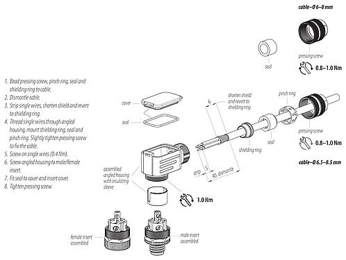 組裝說明 M12 彎角針頭電纜連接器, : 4, 6.0-8.0mm, 可接遮罩, 螺釘接線, IP67, UL 2238, 附防護環