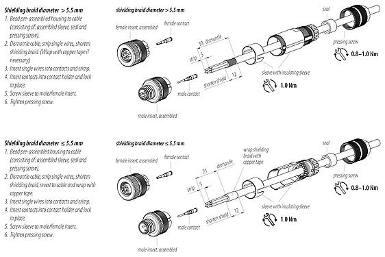 組裝說明 M12 直頭針頭電纜連接器, : 4, 5.0-8.0mm, 可接遮罩, 壓接(壓接觸點必須單獨訂購), IP67, UL 2238