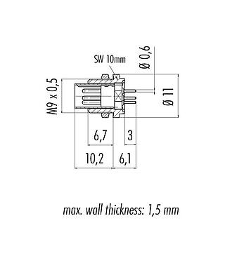 Schaaltekening 09 0073 20 02 - M9 Male panel mount connector, aantal polen: 2, onafgeschermd, THT, IP40