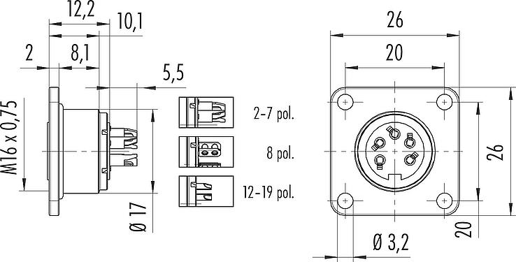 縮尺図 M16 角型フランジソケット, 極数: 2 (02-a), 非シールド, はんだ, IP67, UL 2238, M3 (4x), フロントマウント