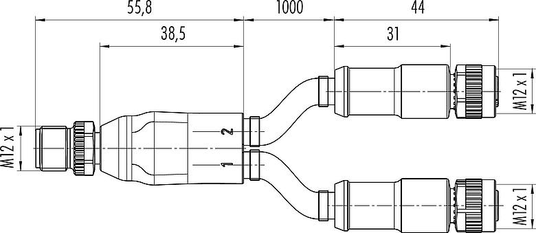 Scale drawing M12 Male cable splitter - 2 female cable connectors, Contacts: 2, shielded, moulded on the cable, IP67, Profibus, PUR, violet, 2 x 0.25 mm², 1 m