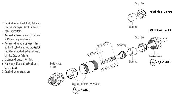 Montageanleitung M12 Kabelstecker, Polzahl: 4, 5,5-8,6 mm, schirmbar, schraubklemm, IP69K, UL 2238, Edelstahl, mit Schirmring