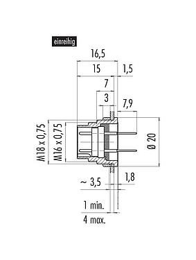 Maßzeichnung M16 Flanschstecker, Polzahl: 12 (12-a), ungeschirmt, THT, IP40, M18x0,75, Rückwandmontage
