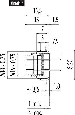 Maßzeichnung M16 Flanschstecker, Polzahl: 12 (12-a), ungeschirmt, THT, IP40, M18x0,75, Rückwandmontage