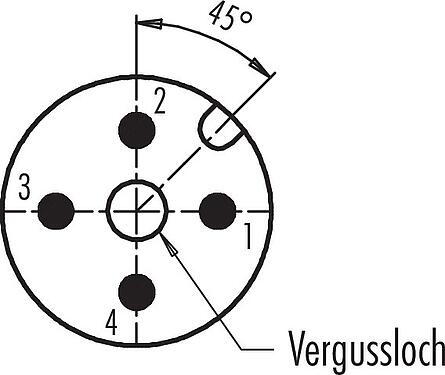 Polbild (Steckseite) M12 Einbaustecker, Polzahl: 4, ungeschirmt, THT, IP67, Frontmontage
