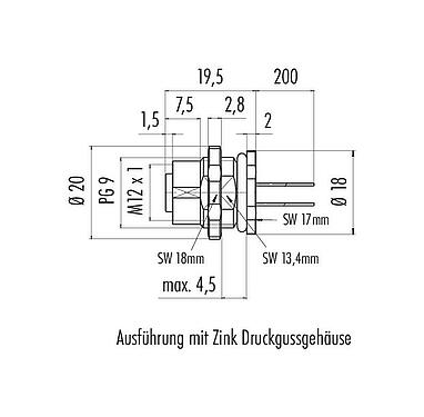 Maßzeichnung M12 Flanschdose, Polzahl: 5, ungeschirmt, Litzen, IP68, UL 2238, PG 9, Rückwandmontage