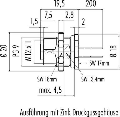 Maßzeichnung M12 Flanschdose, Polzahl: 4, ungeschirmt, Litzen, IP68, UL 2238, PG 9, Rückwandmontage