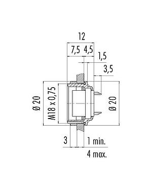 Scale drawing M16 Female panel mount connector, Contacts: 24, unshielded, solder, IP67, UL 2238, M18x0,75, Rear mounting