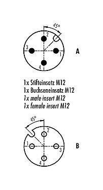 Polbild (Steckseite) M12 Zweifachverteiler, Y-Verteiler, Polzahl: 4, ungeschirmt, am Kabel angespritzt, IP68, UL 2238, PUR, schwarz, 4 x 0,25 mm², 1 m