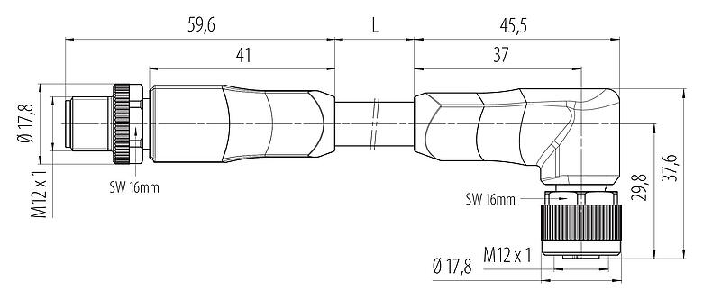 Skalritning 77 0654 0649 50505-0200 - M12 Kabelplugg – vinkladuttag M12x1, antal poler: 4+FE, oskärmad, fastgjuten på kabeln, IP68, PUR, svart, 5 x 2,50 mm², UL under förberedelse, 2 m