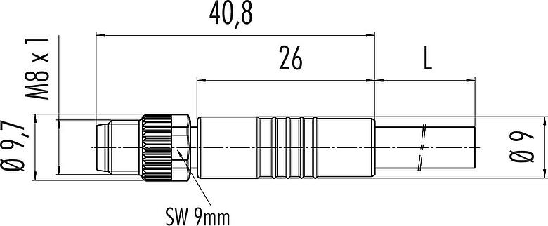 Dessin coté M8 Connecteur mâle, Contacts: 4, non blindé, surmoulé sur le câble, IP67/IP69K, UL 2238, PVC, gris, 4 x 0,34 mm², 2 m