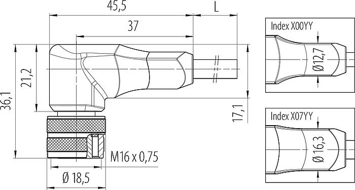 Schaaltekening M16 Female haakse connector, aantal polen: 7 (07-a), onafgeschermd, aan de kabel aangegoten, IP67, PUR, zwart, 7 x 0,25 mm², 5 m