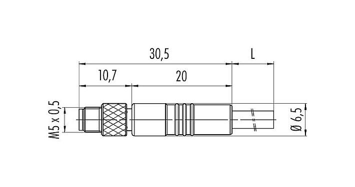 Disegno in scala M5 Connettore cavo maschio, Numero poli: 3, schermato, stampato sul cavo, IP67, UL 2238, M5x0,5, PUR, nero, 3 x 0,14 mm², 2 m