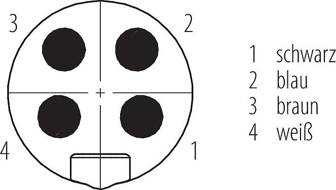 Polbild (Steckseite) 7/8" Kabelstecker, Polzahl: 4, ungeschirmt, am Kabel angespritzt, IP68, UL 2238, PUR, schwarz, 4 x 1,50 mm², 10 m