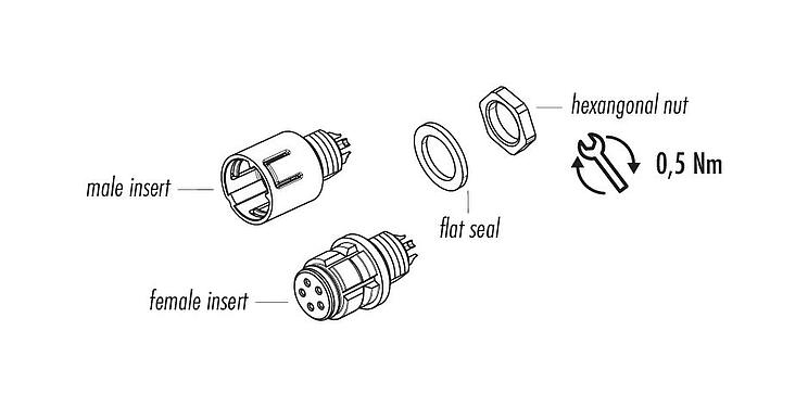 Dessin des composants Snap-In Embase femelle, Contacts: 3, non blindé, souder, IP67, UL 2238, M8x0,75, Montage frontal