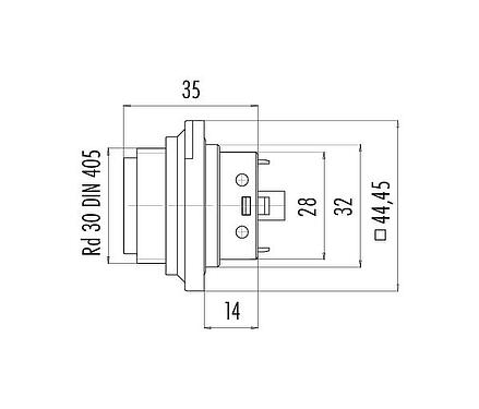 Scale drawing RD30 Male panel mount connector, Contacts: 24, unshielded, solder, IP65, Front mounting