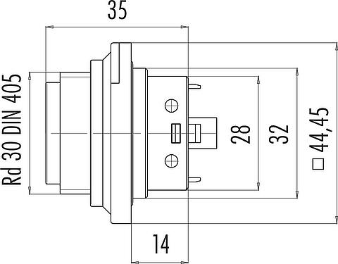Scale drawing RD30 Male panel mount connector, Contacts: 24, unshielded, solder, IP65, Front mounting