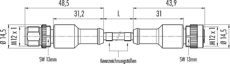 Maßzeichnung M12 Verbindungsleitung Kabelstecker - Kabeldose, Polzahl: 5, ungeschirmt, am Kabel angespritzt, IP67/IP69K, UL 2238, PUR, schwarz, 5 x 0,34 mm², 2 m