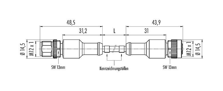 Maßzeichnung M12 Verbindungsleitung Kabelstecker - Kabeldose, Polzahl: 3, ungeschirmt, am Kabel angespritzt, IP67/IP69K, UL 2238, PUR, schwarz, 3 x 0,34 mm², 5 m