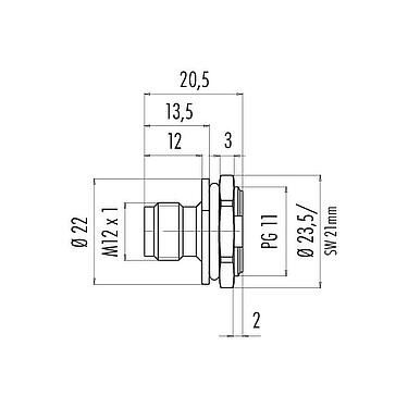 Scale drawing M12 Male panel mount connector, Contacts: 4, unshielded, solder, IP67, PG 11, Front mounting