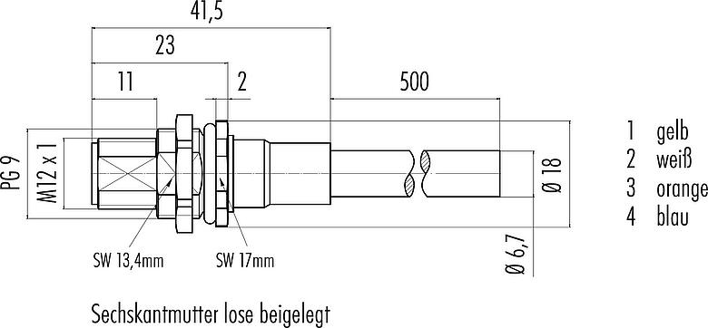 Maßzeichnung M12 Flanschstecker, Polzahl: 4, geschirmt, mit Kabel konfektioniert, IP67, UL, PG 9, Profinet, PUR, grün, 2 x 2 x AWG 22, Rückwandmontage, 0,5 m