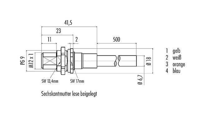 Maßzeichnung M12 Flanschstecker, Polzahl: 4, geschirmt, mit Kabel konfektioniert, IP67, UL, PG 9, Profinet, PUR, grün, 2 x 2 x AWG 22, Rückwandmontage, 0,5 m