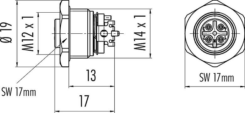 Scale drawing M12 Female panel mount connector, Contacts: 4, shieldable, SMT, IP67, M14x1.0, Front mounting