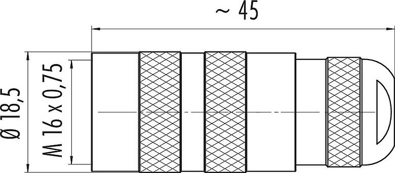 Dessin coté M16 Connecteur femelle, Contacts: 5 (05-a), 4,1-7,8 mm, non blindé, souder, IP67, UL 2238, Version courte