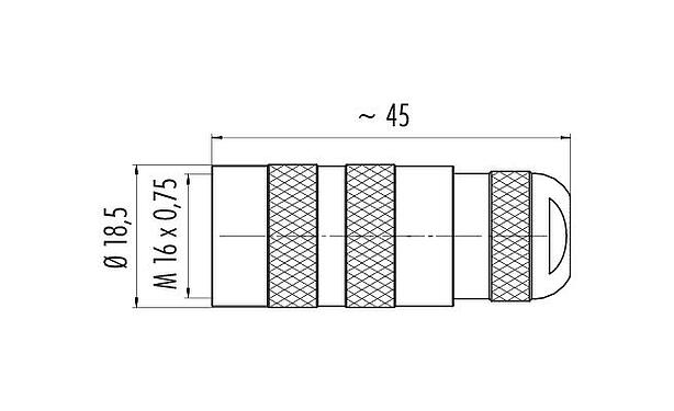 Disegno in scala M16 Connettore cavo femmina, Numero poli: 2 (02-a), 4,1-7,8 mm, non schermato, saldare, IP67, UL 2238, Versione corta