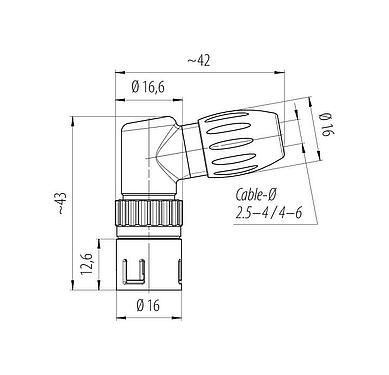 Scale drawing Snap-In Male angled connector, Contacts: 3, 2.5-4.0 mm, unshielded, solder, IP67