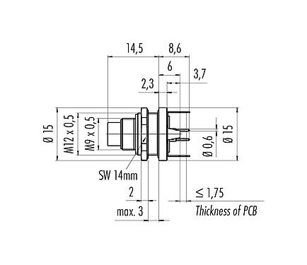 Scale drawing 09 0411 30 04 - M9 Male panel mount connector, Contacts: 4, shieldable, THT, IP67, front fastened