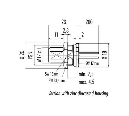 Výkres v měřítku M12 Přírubová zátka, : 5, nestíněný, Splétané vodiče, IP68, UL 2238, PG 9, Montáž na zadní stěnu