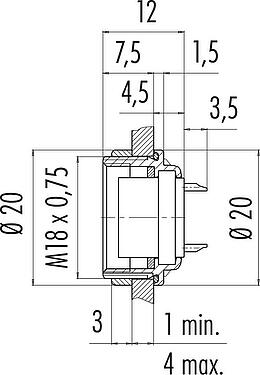 Maßzeichnung M16 Flanschdose, Polzahl: 24, ungeschirmt, löten, IP67, UL 2238, M18x0,75, Rückwandmontage