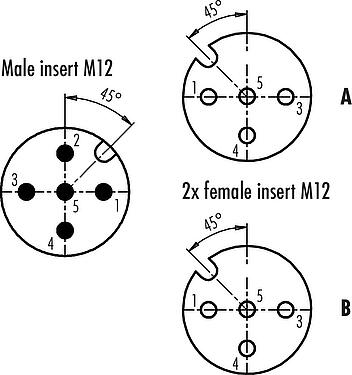 Contact arrangement (Plug-in side) M12 Twin distributors, Y-distributor, male connector - 2 female connector, Contacts: 5/4, unshielded, pluggable, IP68, UL 2238