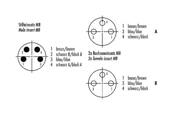 Polbild (Steckseite) M8 Kabelsplitter Kabelstecker - 2 Kabeldosen, Polzahl: 4/3, ungeschirmt, am Kabel angespritzt, IP67, UL 2238, PUR, schwarz, 3 x 0,34 mm², 1 m