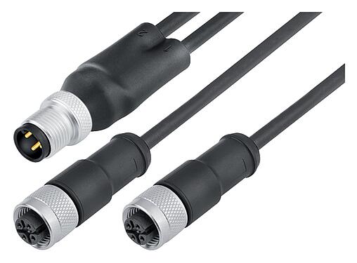 Abbildung M12 Kabelsplitter Kabelstecker - 2 Kabeldosen, Polzahl: 4/3, geschirmt, am Kabel angespritzt, IP68, PUR, schwarz, 3 x 0,34 mm², 1 m